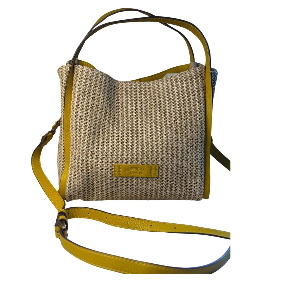 American Leather Co Satchel Yellow Raffia Triple Entry Crossbody Bag Marigold OS